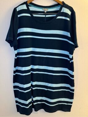 Talbots Navy and Light Blue Striped Short Sleeve Tee Dress with Crew Neck